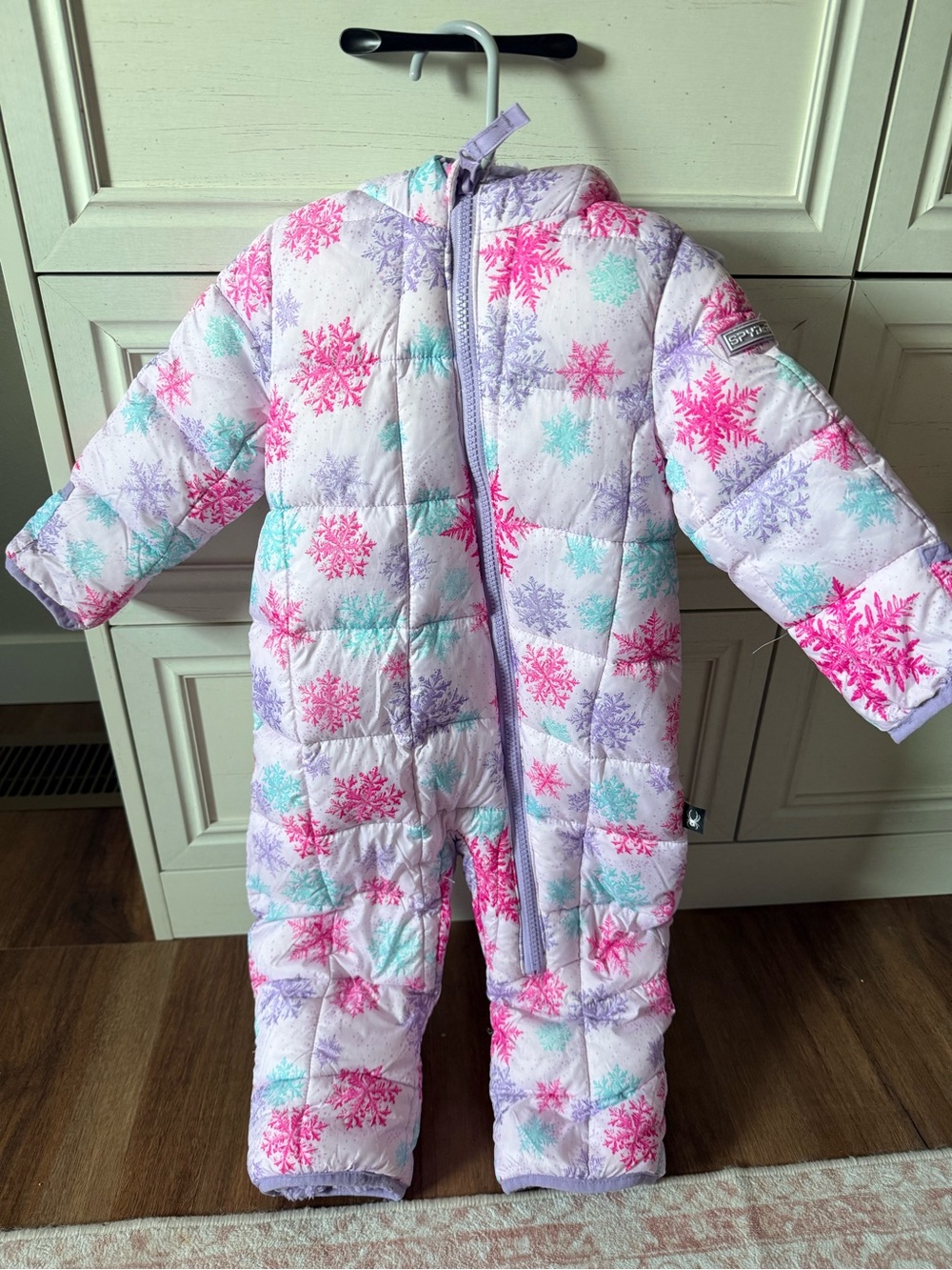 Spyder Kids Snow One-Piece Bunting - White with Pink, Purple & Teal Snowflakes